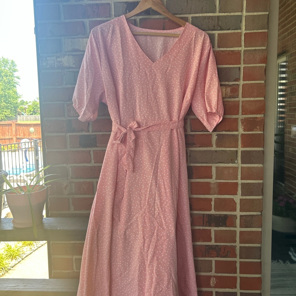 Peachy/pink A-Line Dress with white polka dot
